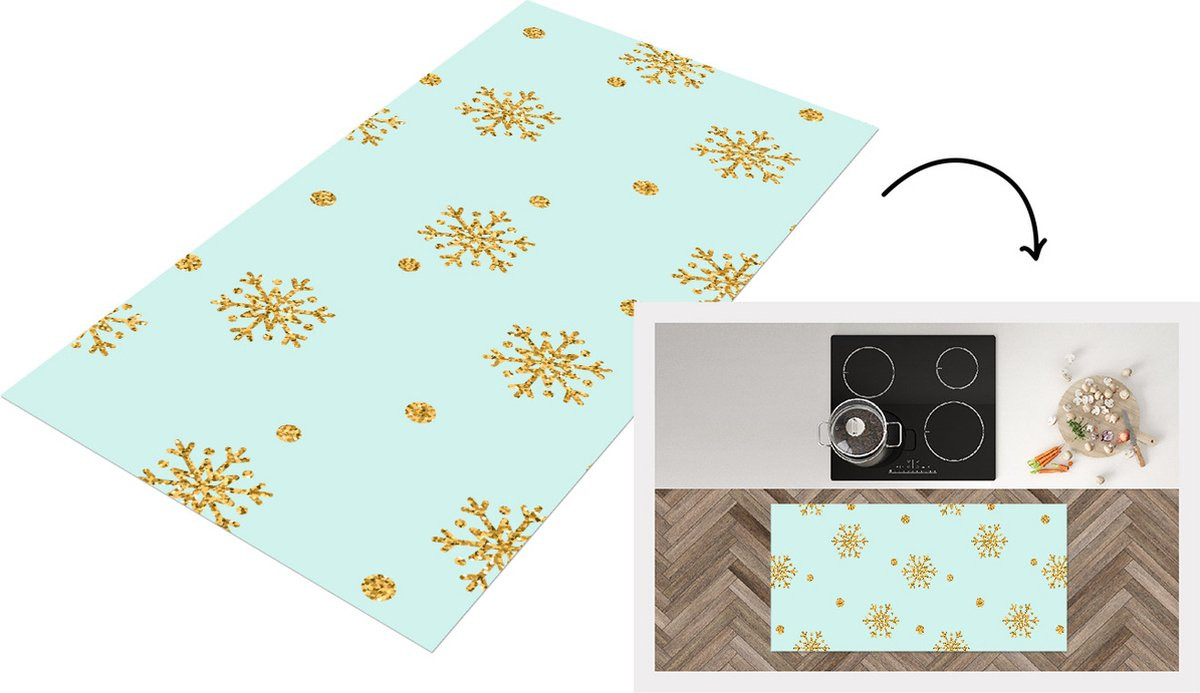 KitchenYeah Keukenloper Kerst Sneeuwvlokken Goud Vinyl 120 x 60 cm