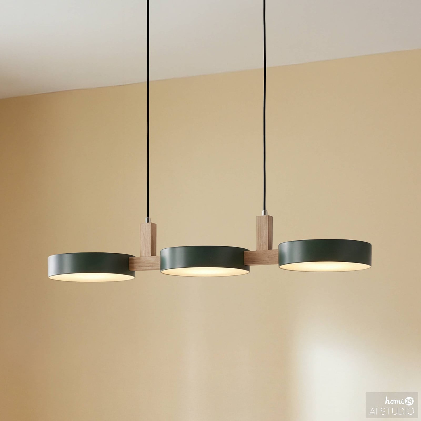 home24 Hanglamp CLYRO type A groen met gepoedercoat ijzer en massief pijnboomhout, H x B x D: 150 x 77 x 20 cm
