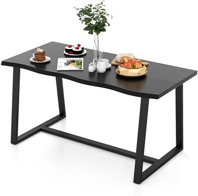 "Costway 63"" Large Dining Table with Wavy Edge and Heavy-duty Metal Frame-Black"