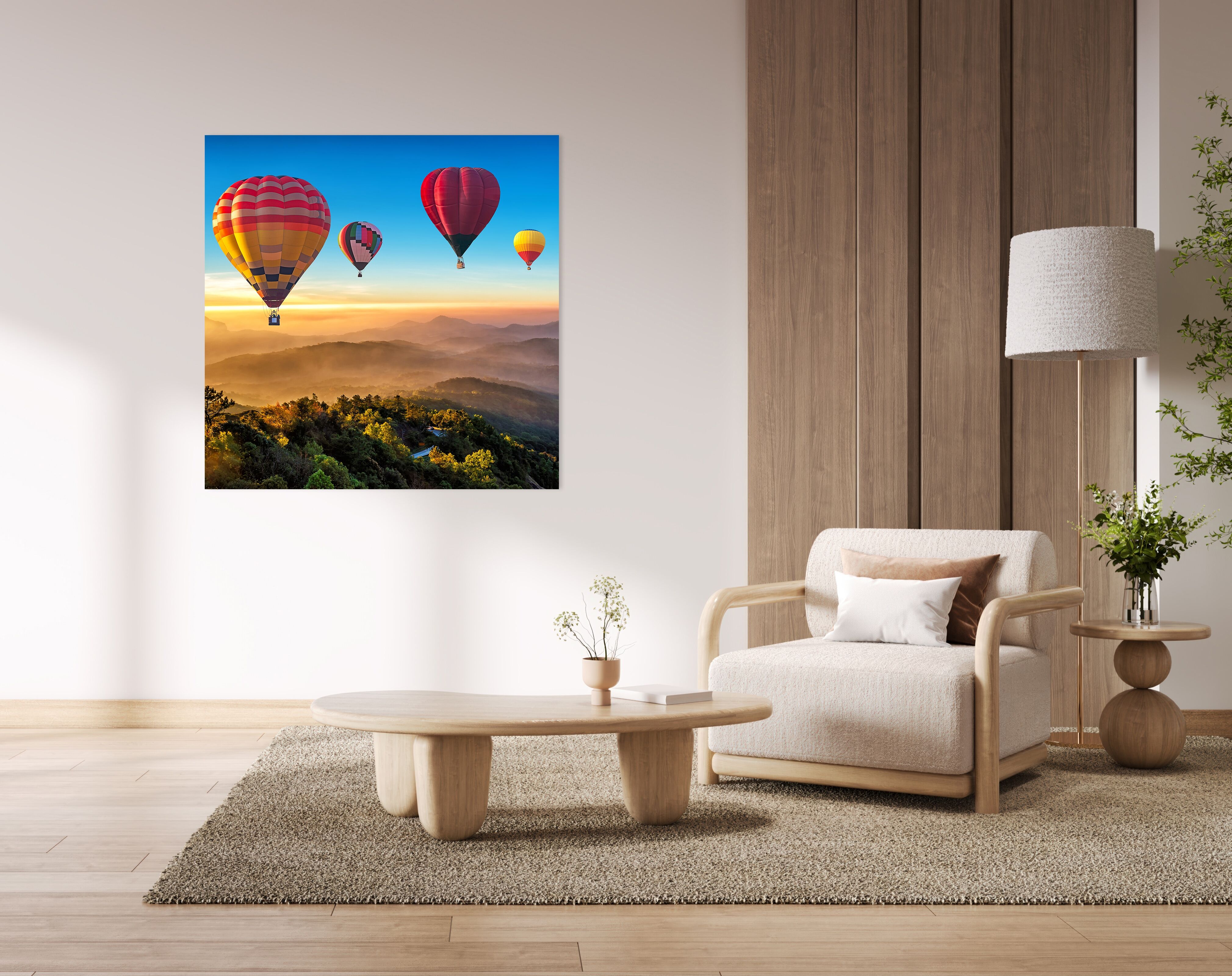 Acrylglasbild QUEENCE "Heißluftballons am Himmer mit Sonnenuntergang", bunt (farbe bild(er): blau,gelb,rot,grün,orange,pink), B:100cm H:100cm, Acrylglas, Bilder, Acrylglasbild, mit schwebender 3D Tiefenwirkung, dank der rahmenlosen Befestigung