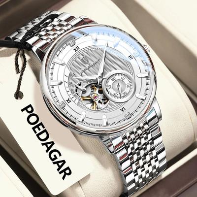 Uplift Essentials Hollow Tourbillon Mechanical Watch Luxury Luminous Automatic Stainless Steel Timepiece silver White