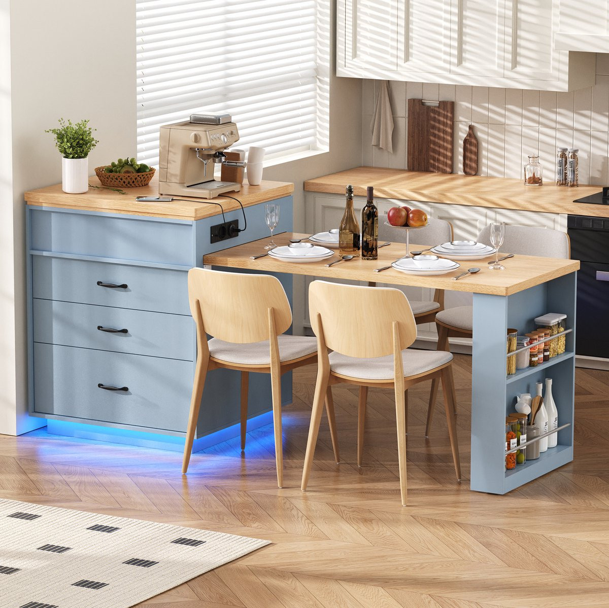 MODFU Uitschuifbare Eettafel met Opbergruimte en Led-verlichting - Blauw - MDF
