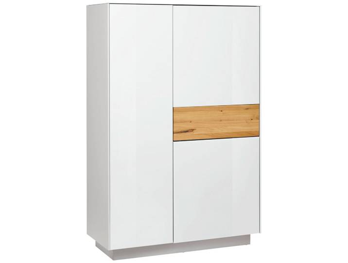 Novel Highboard Triest, Weiß, Eiche, Holz, Glas, Eiche, massiv, 5 Fächer, 1 Schublade(n) Schubladen, 101x150x42 cm, DIN EN ISO 9001, individuell planbar, Beimöbel erhältlich, stehend, Abdeckplatte aus Glas, spiegelbildliche Montage möglich, Holzmöbel, Kleinmöbel Holz, Holzkommoden, Highboards Holz