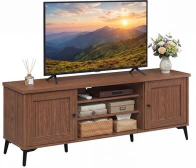 Costway 2-Door TV Stand for TVs up to 65 Inch Mid Century Modern Entertainment Center-Brown