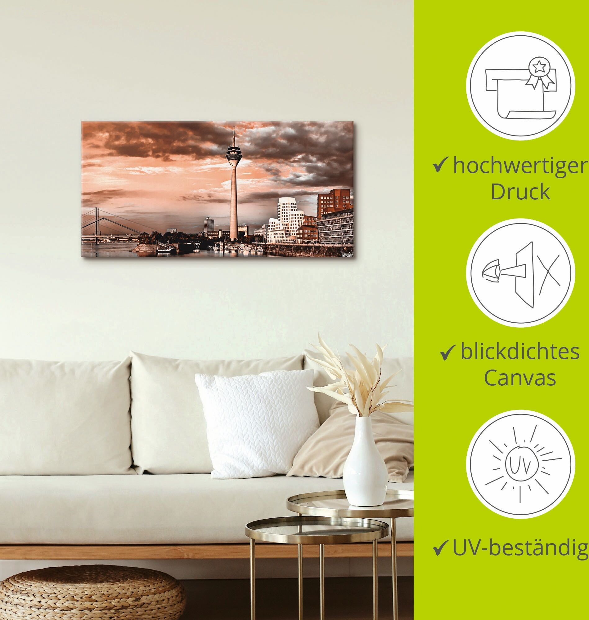 Leinwandbild ARTLAND "Düsseldorf Skyline III", braun (farbe bild(er): braun), B:100cm H:50cm, Bilder, Leinwandbild, auf Holzrahmen gespannt farbe bild(er): braun B/H/T: 100cm x 50cm, Leinwandbild Architektonische Elemente Querformat, 1 Stk.