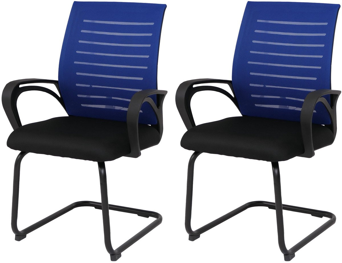 Set van 2 MCW eetkamerstoelen met armleuningen, blauwe textiel bekleding, zwart frame