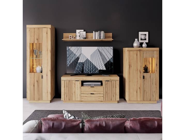 Beleuchtete Wohnwand 4-teilig Spanplatte, beschichtet Braun 289cm