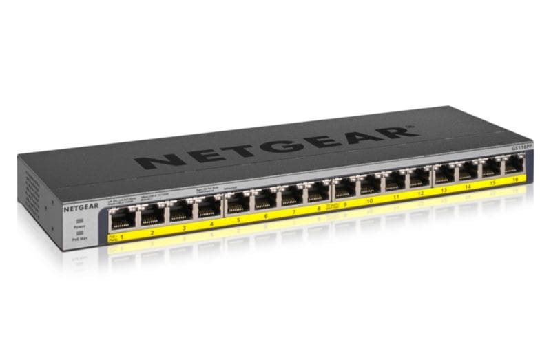 NETGEAR GS116PP PoE Switch 16 Port Gigabit Ethernet LAN Switch mit 16x PoE+ 183W (Plug-and-Play Netzwerk Switch PoE 16 Ports, lüfterlos, 19 Zoll Rack-Montage), Schwarz GS116PP-100EUS