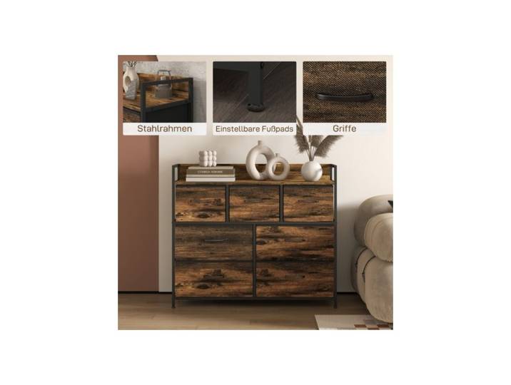 Commode - WESTYLE - 98x29x85 cm - 7 tiroirs tissu - Cadre acier robuste - Style industriel marron