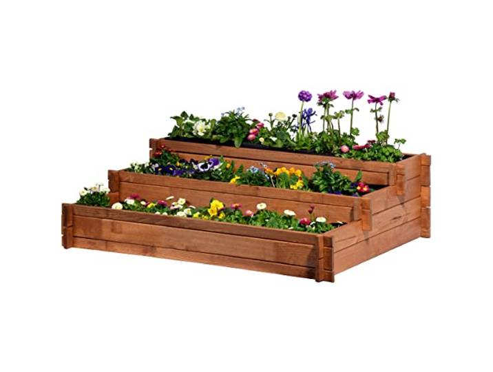 dobar® Hochbeet Peru Blumenbeet Dreistufig - Kräuterbeet Massivholz Stecksystem - Große Blumentreppe inkl. Pflanzvlies - Pflanztreppe 3 Ebenen - 110 x 88 x 115 cm - Braun