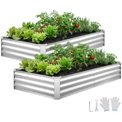 VEVOR Hochbeet Metall 2er-Pack 180x90x30 cm, Rechteckiges Gartenbeet, Pflanzkasten-Set für Außenbereich, Gemüsebeet mit Handschuhen, Blumenbeet Bodenlos, Pflanzbeet für Blumen & Gemüse, Silber