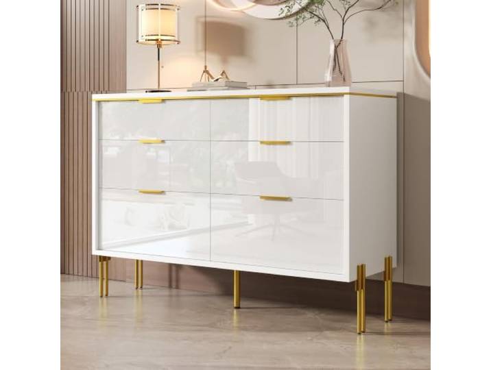 BXEYXE Moderner Sideboard-Schrank mit 6 Schubladen in Weiß und Gold, Hochglanz-Fronten, großer Stauraum für Wohnzimmer, Essbereich & Flur, stilvolles Aufbewahrungsmöbel für organisierte Ordnung