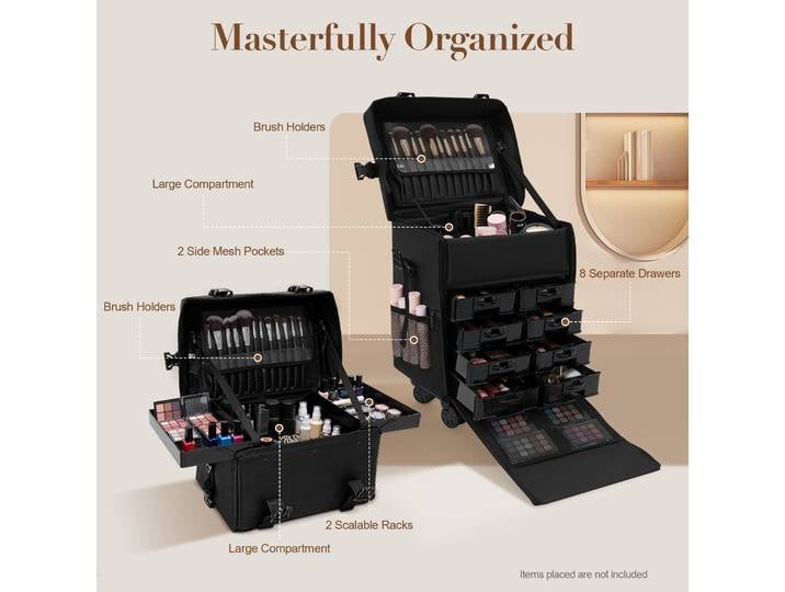 Trolley cosmétique 2 en 1, valise à roulettes pour maquillage avec 8 tiroirs et porte-pinceaux, organiseur de rangement portable pour maquilleurs