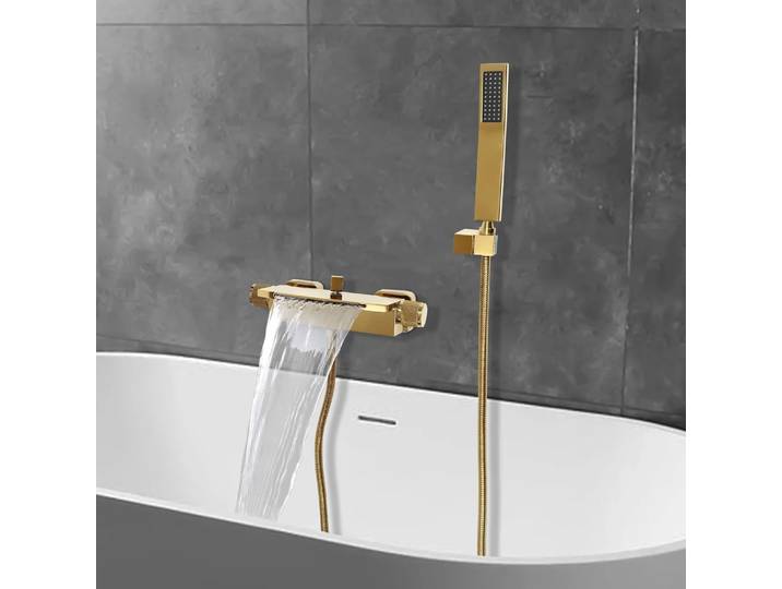 Robinet de baignoire mural effet cascade, mitigeur chaud/froid tout en laiton avec douchette pour usage domestique et hôtelier