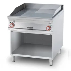 Redcook Elektro-Bratplatte 1/2 gerippt 1/2 glatt 2 Kochzonen. Gestell aus rostfreiem Stahl. Maße 80x90 h90 cm. Modell FTLR-98ET