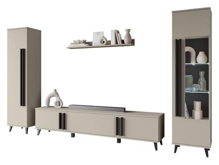 Mirjan24 Wohnzimmer-Set Hailea II, Wohnzimmerschrank, Schrankwand, im Set: Regal, Vitrine, Wandregal, TV-Lowboard (Congo/Schwarzer Graphit, mit weißer LED Beleuchtung)