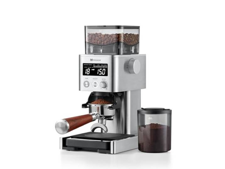 MOKKOM Kaffeemühle mit konischem Grat, abnehmbarer Kaffeewaage über Bluetooth-Konnektivität, 31 Mahlgradeinstellungen, antistatische Gratmühle für Espresso/Tropfen/Kaltgebrüh/French Press, Edelstahl
