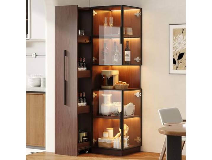 BTM Glasvitrine mit LED Beleuchtung und Ausziehbar Regal, Vitrinenschrank Stehend Esszimmer/Wohnzimmer Standvitrine, Walnuss