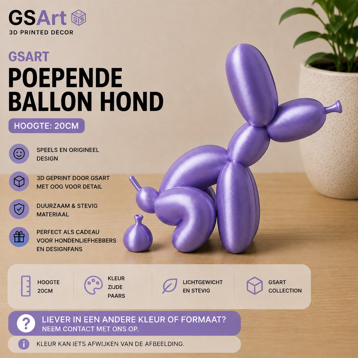 GSArt Decoratief Beeld Poepende Ballon Hond - Paars - 20 cm