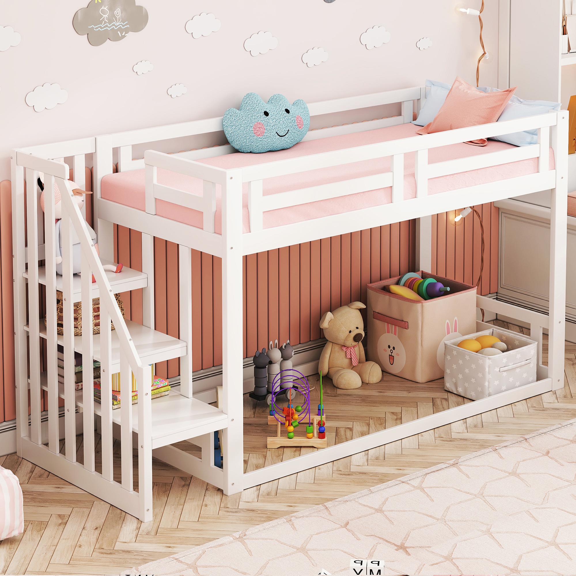 okwish Kinder-Etagenbett 90*200cm, Hochbett mit Sicherheitstreppe, stabiler Lattenrost aus Massivholz, weiß