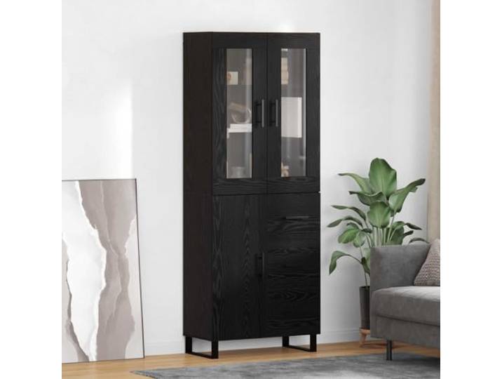 RJPLMFV Anrichte mit 2 Türen, Holz, Schwarz, Glas Aufbewahrungsmöbel für Wohnzimmer, Innenregale, Füße aus Eisen, modernes Design für Esszimmer