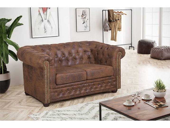 Küchen-Preisbombe Sofa Edles Chesterfield 2 Sitzer Mikrofaser Vintage braun Couch, Chesterfield Sofa