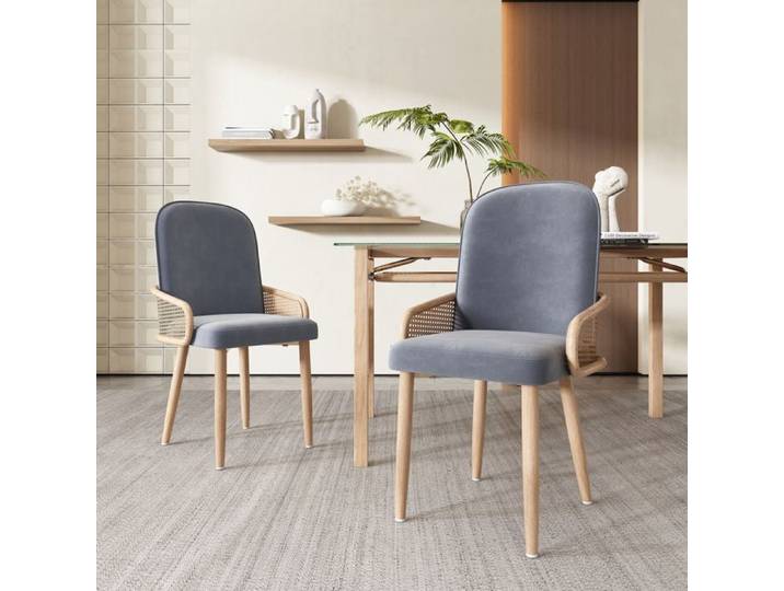 Chaise Repas Velours Gris Lot De 6 Chaise Design Rotin FloraGrace Pour Salon Ou Chambre Facile A Assembler 45x41x90cm