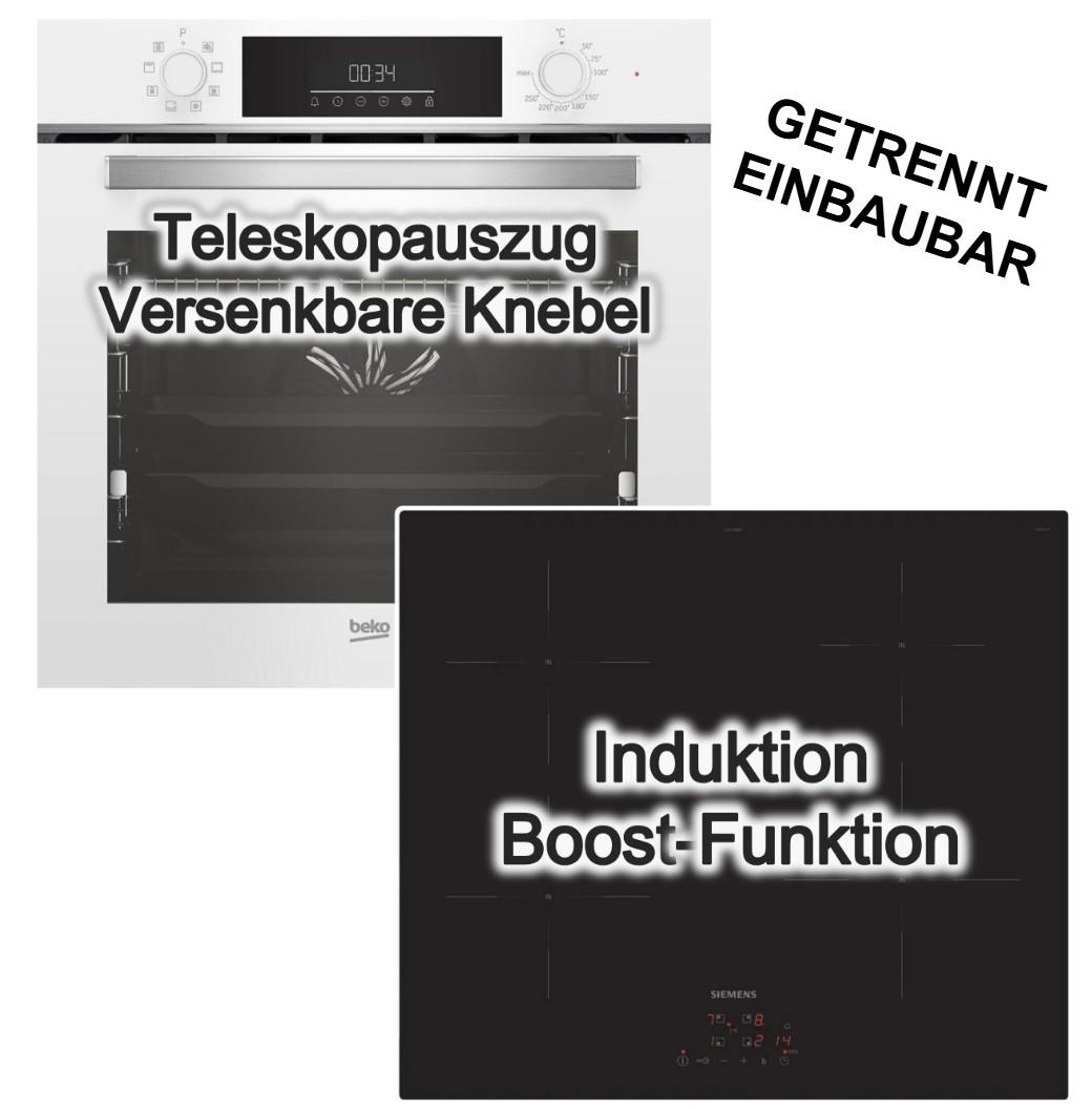 Herdset Beko Einbau-Backofen SteamShine Teleskopauszug weiß + Siemens Induktionskochfeld powerBoost touchControl