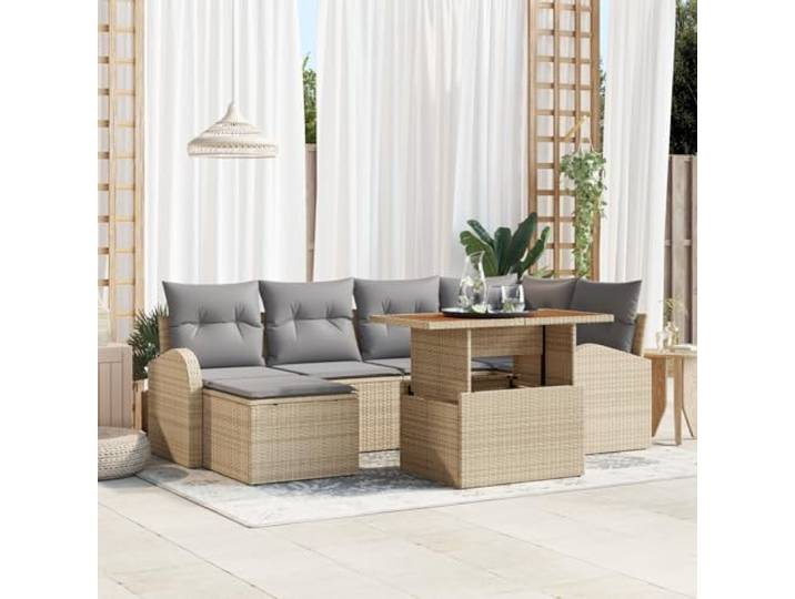 HEFZGDB 7-teiliges Garten Esszimmer Set mit Kissen Beige Poly Rattan Akazie für 6 Personen, Wetterfeste Outdoor Möbel mit Stauraum und Polsterauflagen, Modernes Design für Terrasse
