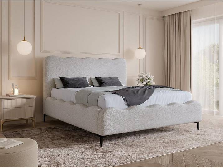 Compleo Polsterbett mit hohen Füßen, Designerbett, Bouclé-Stoff, Luxus Schlafzimmer, gepolstertes Doppelbett