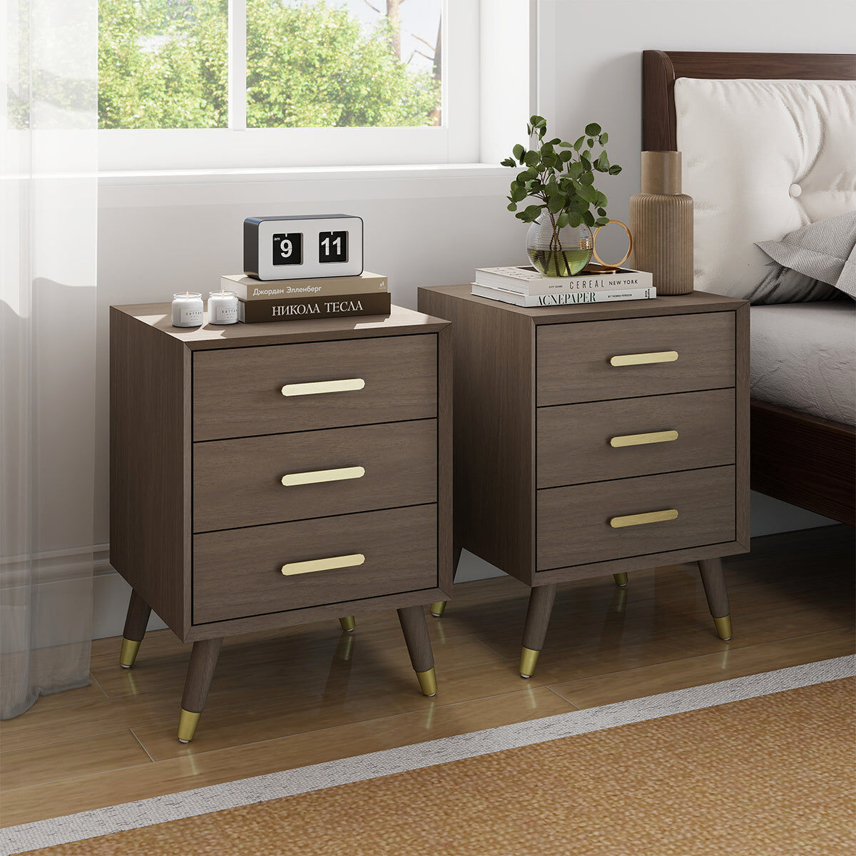 Pair of 3 Drawer Bedside Tables - Oslo Dark Wood Range Wood, Metal