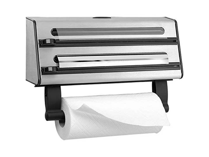 Emsa 504180 Contura 3-fach-Schneidabroller, Küchenrolle, Alufolie, Frischhaltefolie, kompakt, Edelstahl, silber/schwarz, 1 - Pack