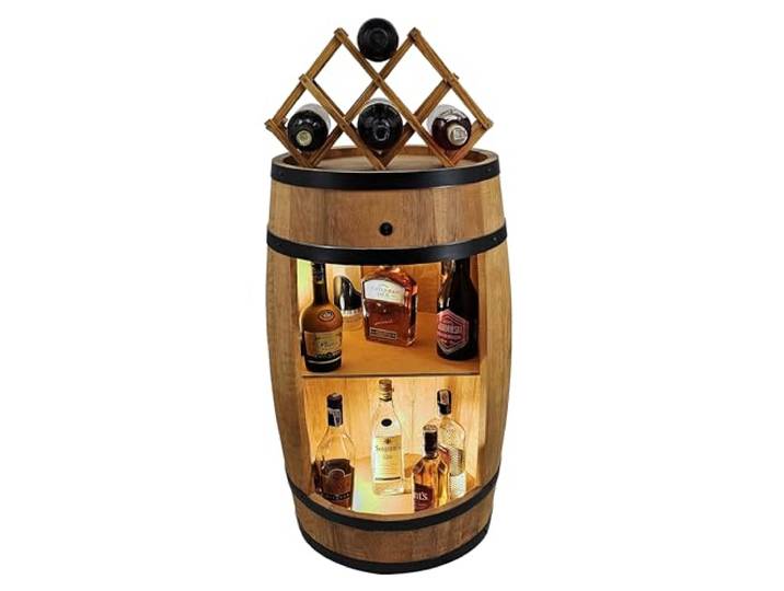 CREATIVE COOPER Fassbar LED mit Weinhalter - Weinregal - Holzfass Hausbar 80x50cm - Rustikaler deko Barschrank Weinständer – Fass, Bar Whisky, Bierfass Weinschrank (Eiche)