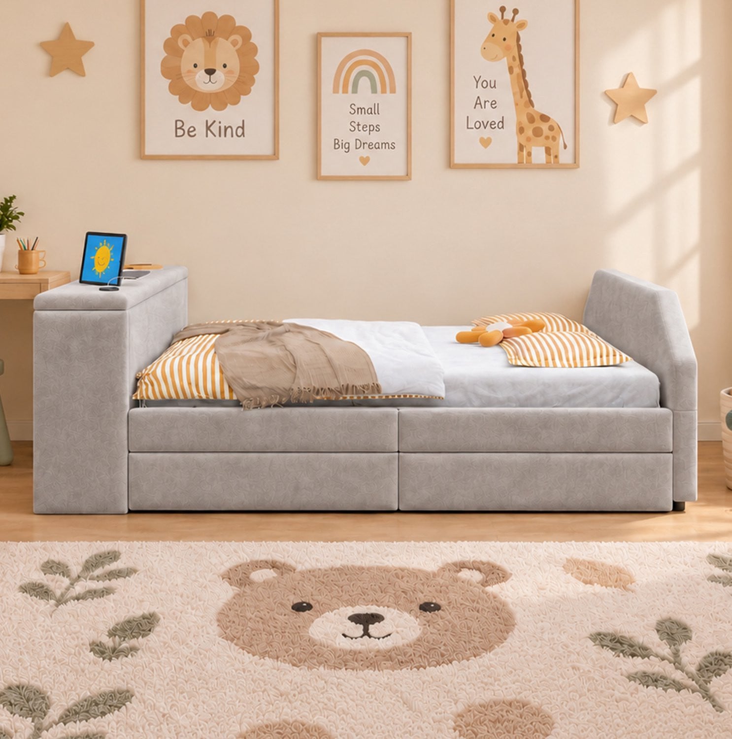 Mivray Kinderbed Grijs met Bureau, USB-Laadpunt en Uitschuifbaar Logeerbed, 90x200 cm