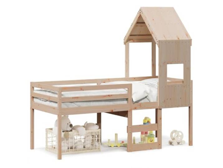 Makastle Kinderhochbett mit Dach 90x190 cm Massivholz Kiefer Integrierte Leiter
