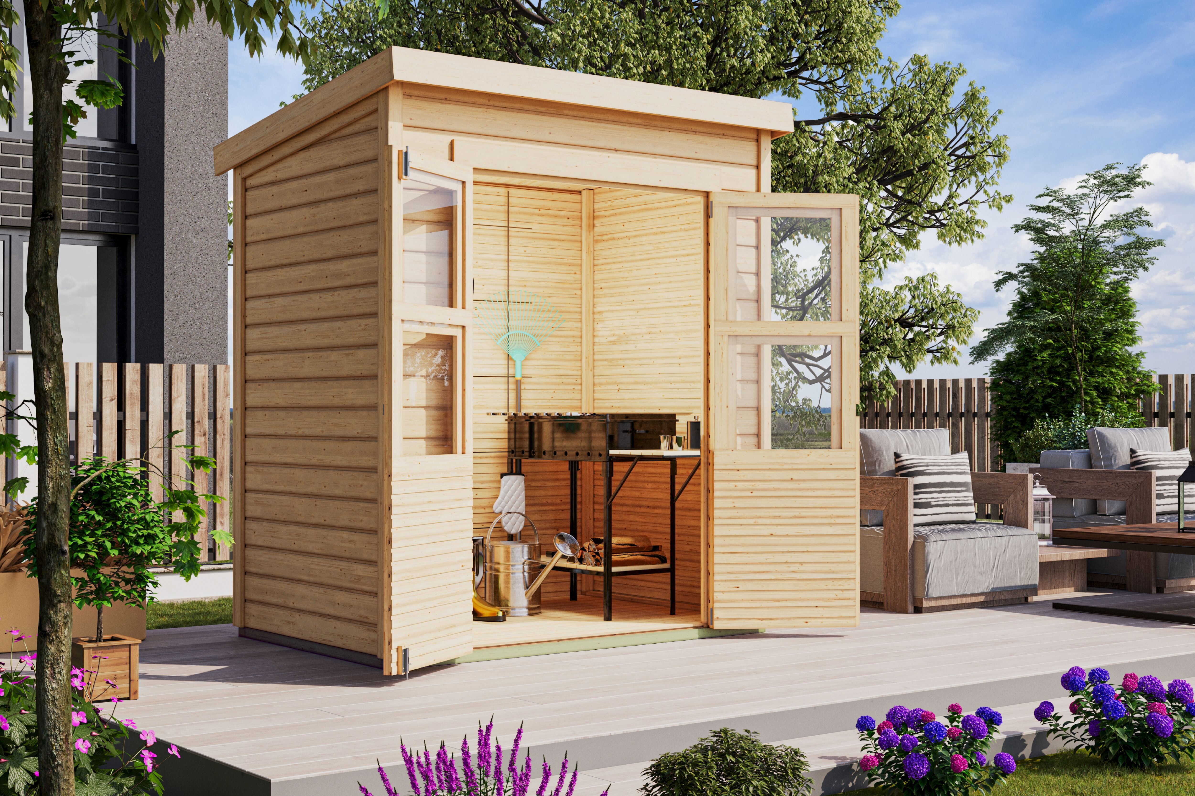 Gartenhaus KONIFERA "Akamaru 2", beige (naturbelassen), Fußboden im Gartenhaus, Dachfolie, Massivholz, Gartenhäuser, Gartenhaus