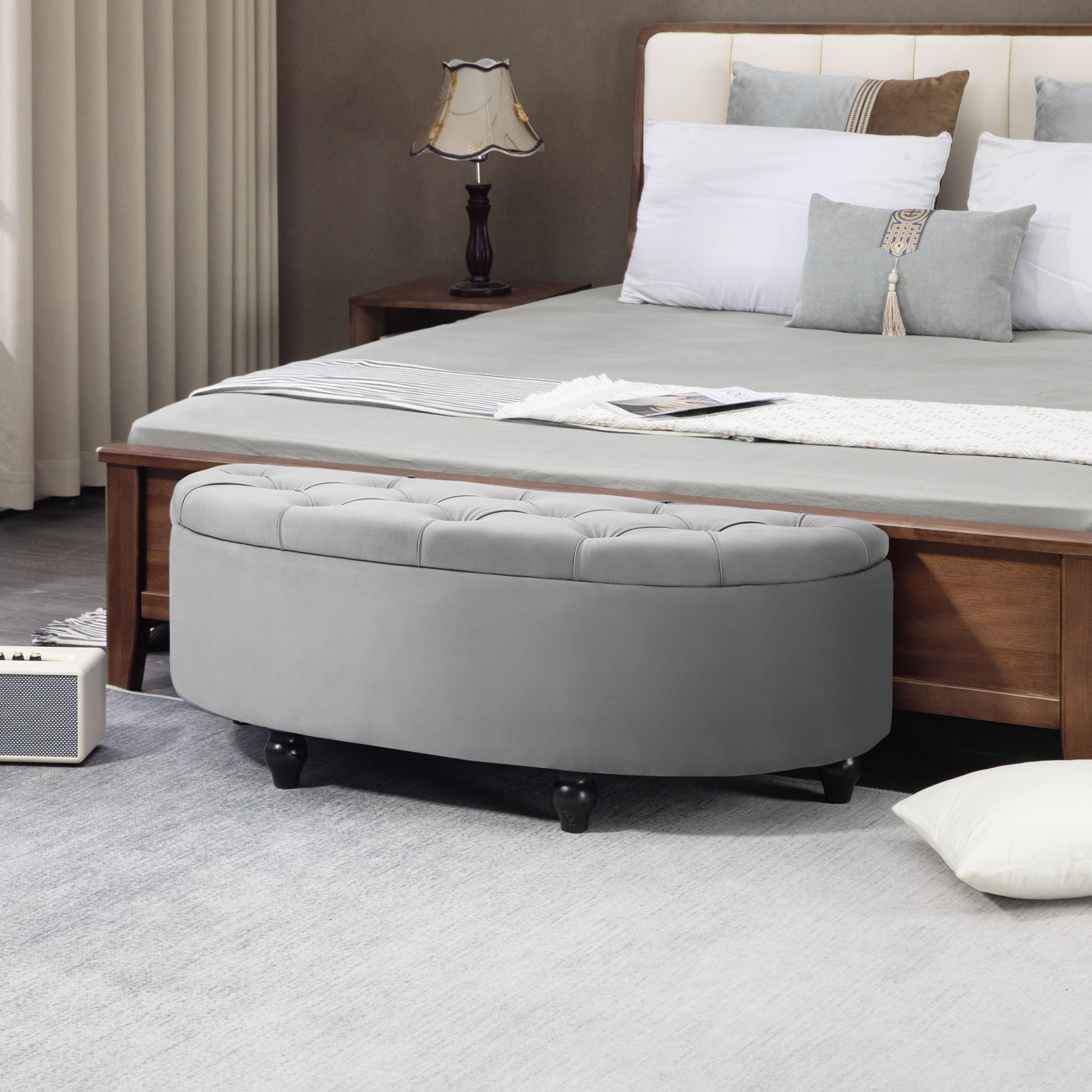 Homcom Panca Contenitore Fondoletto Imbottita a Semicerchio, Velluto e Legno, 120x46x42 cm, Grigio Chiaro   Aosom Italy