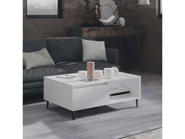 HEFZGDB Couchtisch Weiß 90x60x35 cm Holzwerkstoff mit Metallbeinen, Moderner Beistelltisch mit Stauraum, Robuster Wohnzimmertisch, Praktische Tischplatte für Getränke und Dekoration,