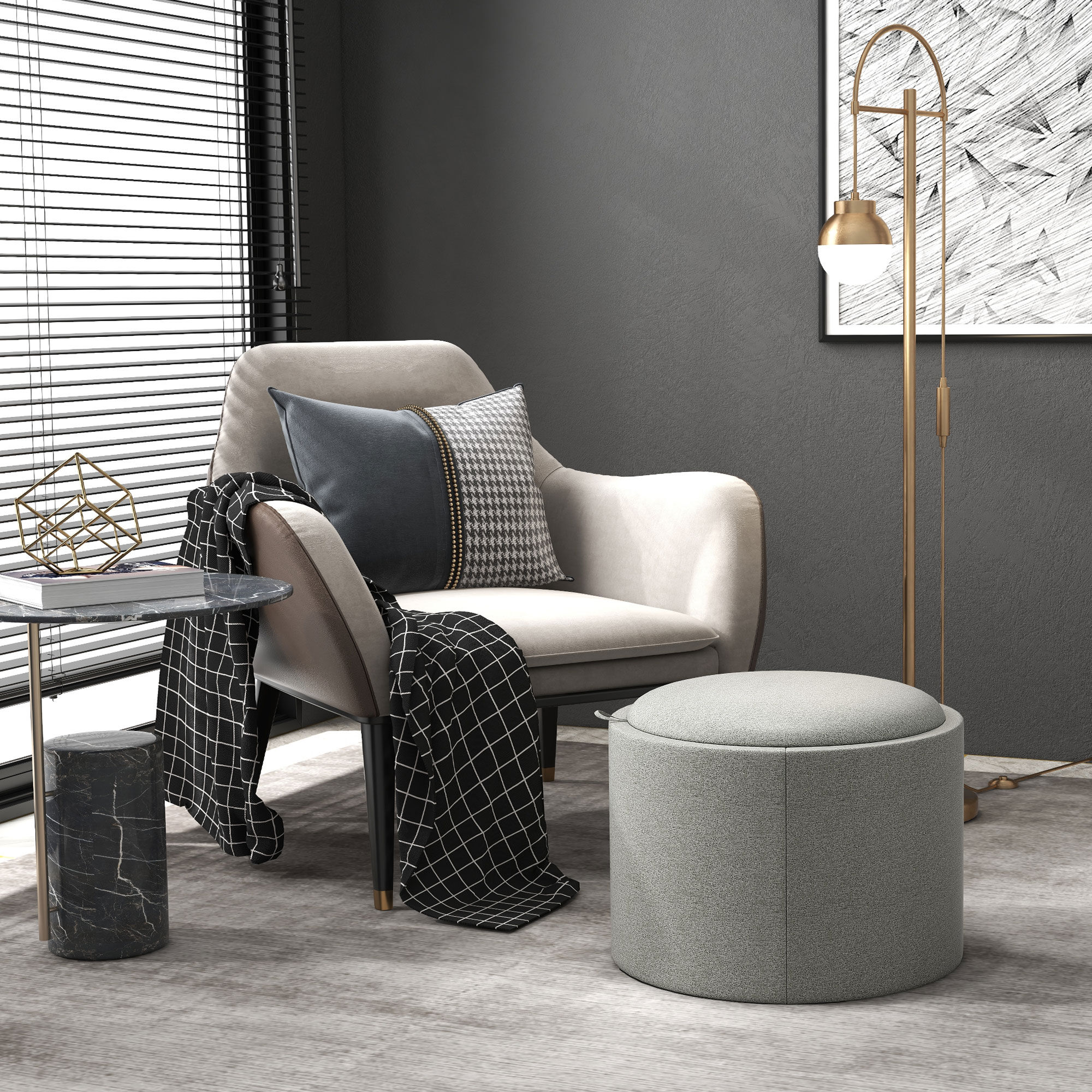 Altro Pouf Contenitore Effetto Lino Da 120 Kg Max Con Vassoio A Ribalta, In Mdf, 56x56x42 Cm, Grigio