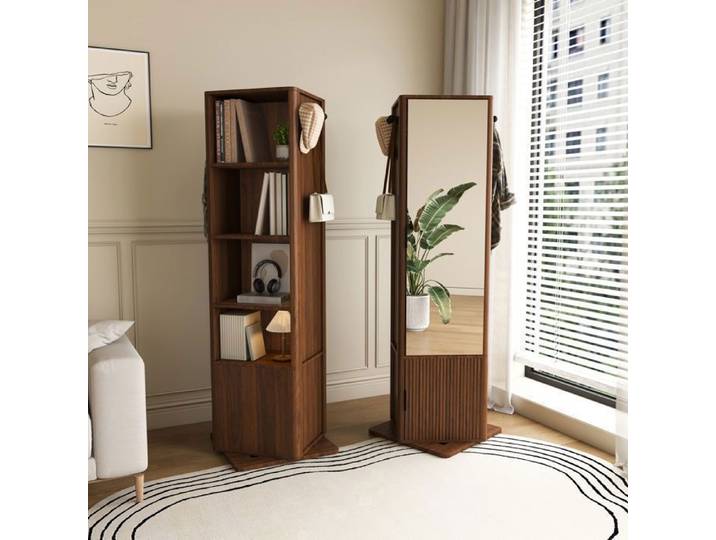 Armoire de Chambre Noyer Pivotante 360° avec Miroir Plein Pied - Armoire Polyvalente et Solid avec Rangement de Bijou & 6 Patères
