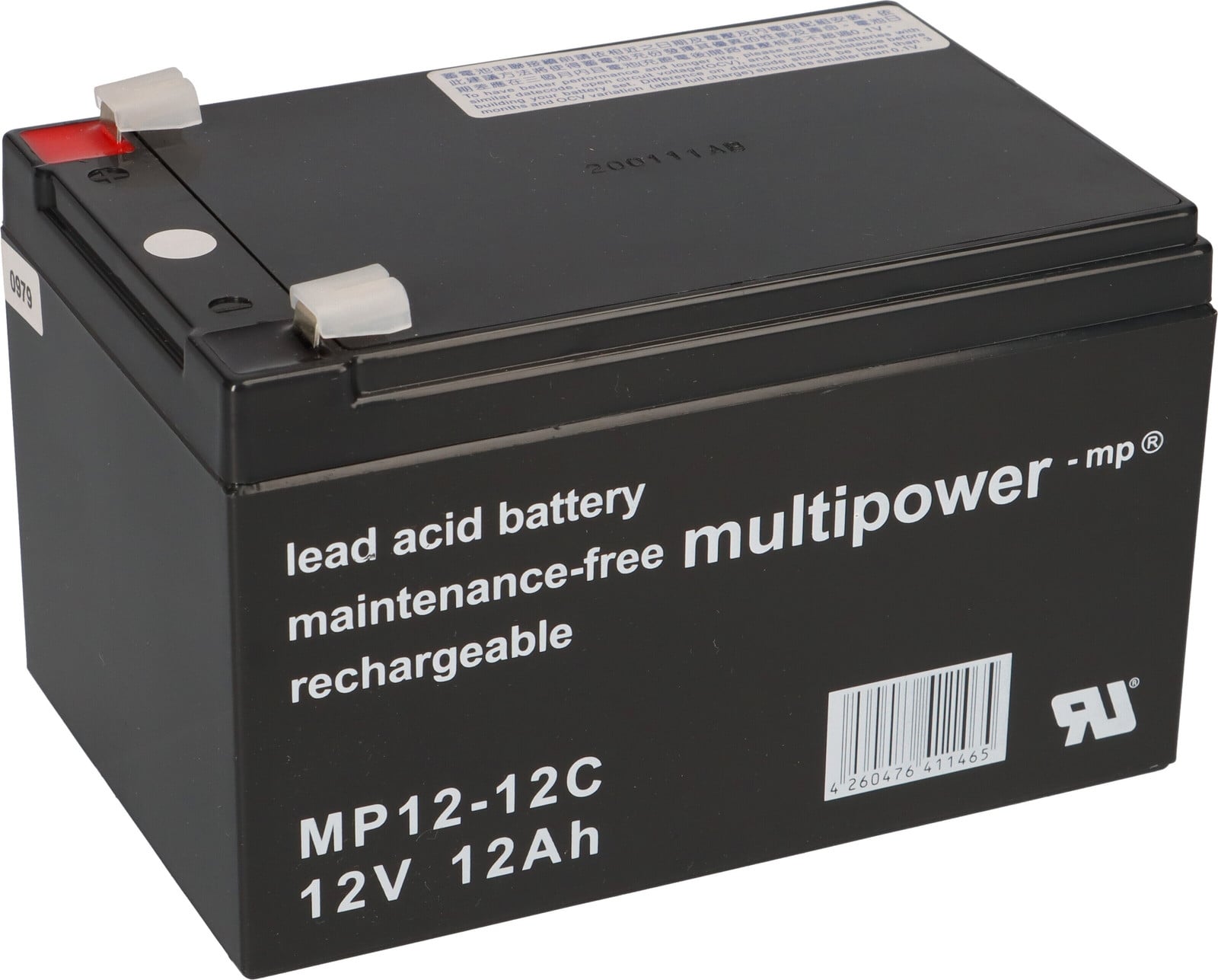 Multipower MP12-12C AGM accu, 12V, 12Ah met F6,3 mm aansluiting