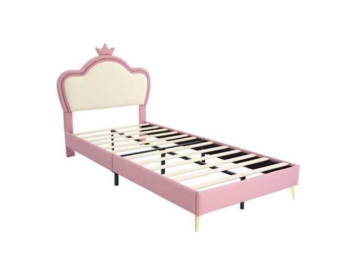 Lit simple enfant - EKESOR - 90x200 cm - Rose et blanc - Tête rembourrée avec couronne - Pieds en métal