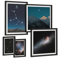BILDER SET 5er Set - 50x50 cm & 20x30 cm & 40x60 cm Schwarzer Rahmen - Jungfrau-Galaxie-Universum