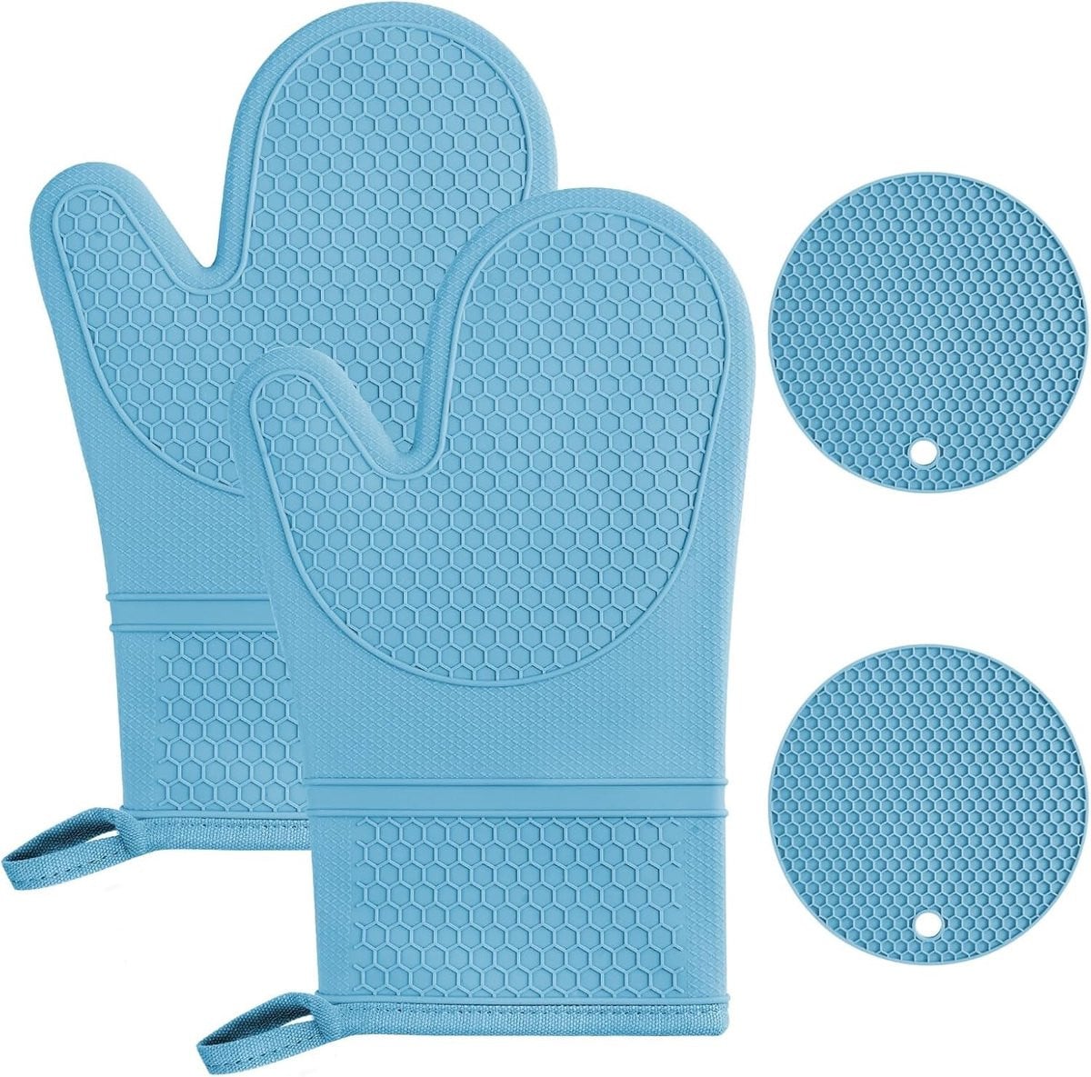 Set van hittebestendige en waterdichte ovenhandschoenen met antislip en 2 pannenlappen voor koken en grillen