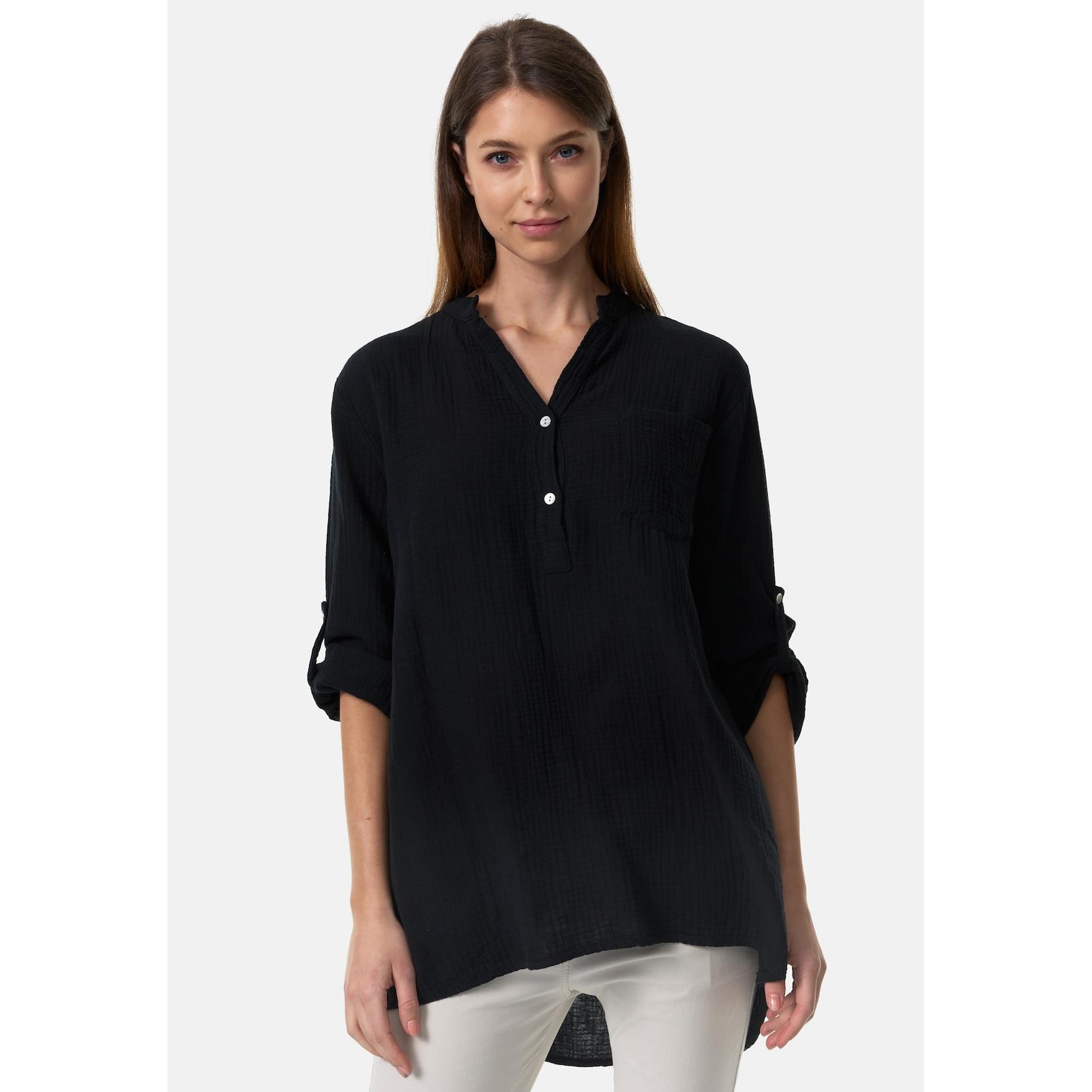 PM SELECTED Damen Musselin Tunika Longbluse mit Tasche PM17