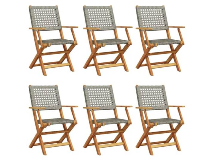 KUTYWEXFM Gartenstühle 6er Set Klappbar Grau Poly Rattan Akazienholz Platzsparende Sitzgruppe für Terrasse, Balkon und Außenbereich. Armlehnen bieten bequemen Halt bei hoher Stabilität.