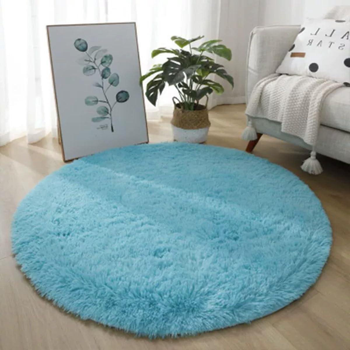 Blauwe Ronde Pluche Badmat met 60 cm diameter