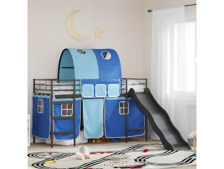 RJPLMFV Hochbett für Kinder, Schwarz und Blau, 90 x 190 cm, Metall Rahmen aus robustem Stahl, integrierte Rutsche, Netzvorhänge, Lattenrost für Kinderzimmer