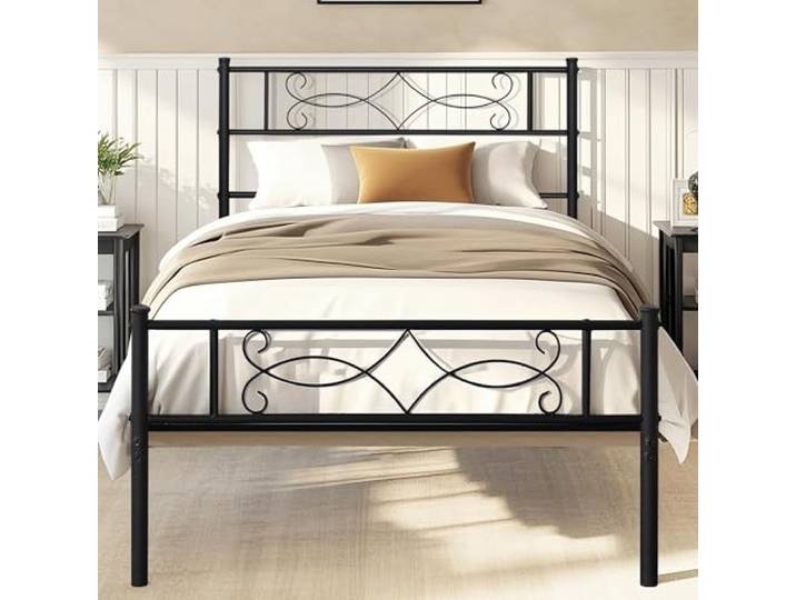 VECELO Bettgestell, 90 x 190 cm, Einzelbett aus Metall, kein Lattenrost erforderlich, einfache Montage, großer Lattenrost, Schwarz