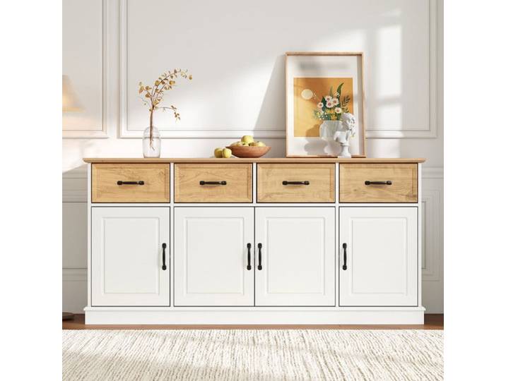 Buffet bahut avec 4 tiroirs et 4 portes Buffet moderne Buffet de salon Commode en MDF Buffet de cuisine Poignées métal Blanc